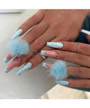 Coffin Press on Nails Long Fuzzy False Nails Blue Stick on Nails 24pcs Blue Fur Design Fake Nails with Glue Sticker for Women and Girls Fashion Nail Tips Cool Nails (Blue Fur Ball)