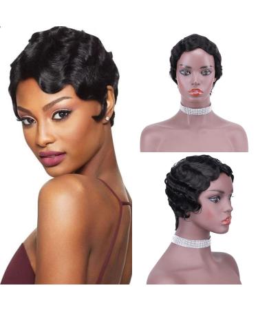 Short Finger Wavy Curly Wigs Retro African For Black Women Human Hair Mommy Wig Janet Collection Nuna Pixie Cut Wig Finger Ocean Wave Wig Black Layered Wavy Wigs