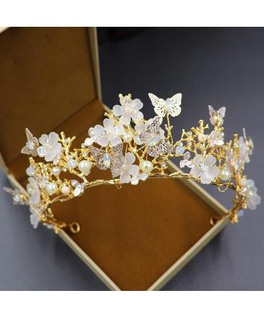 Bridal Butterfly Flower Tiara Crown | Rhinestone Pearl Headpiece for Women and Girls - Perfect for Wedding, Birthday Party | Gold Fairy Crown Hair Accessories - Buy Online on GoSupps.com