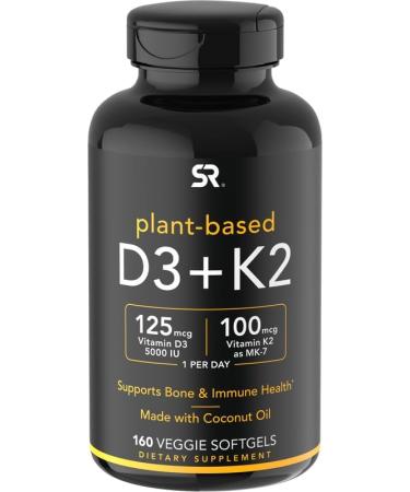 Sports Research Vegan Vitamin D3 + K2 Supplement with Coconut Oil - 5000iu Vitamin D with 100mcg Mk7 Vitamin K - Supports Calcium Absorption for Stronger Bones & Immune Health - 160 Softgels