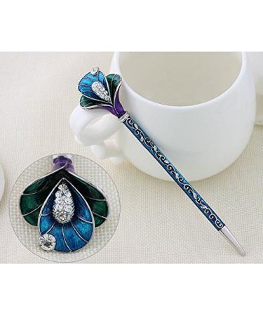 Chinese Traditional Classical Hair Pins Stick Crystal Antique Lotus Fork Hairpin hair Sticks hair Chopsticks wedding Hair Jewelry (#BLUE)