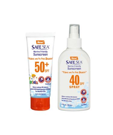 Safe Sea SPF50+ Kids 3.4 oz. & SPF40 Spray 4 oz. Sunscreen | For sensitive skin | anti jellyfish and Sea Lice sting protective lotion | Coral reef safe sunscreen