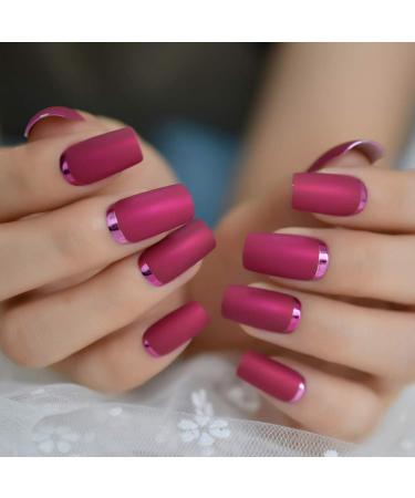 Slim Gorgeous Fake Nails Matte Rose Red with Metallic Moo Medium Size Frosted Artificial Acrylic Nail Art Tips L5231-1