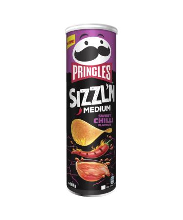 Pringles Sizzl'n Sweet Chilli Flavour (1 x 180 g)-The irresistible snack classic in the practical can-Middle-fold chips with Sweet Chili taste-pop.Play.Eat.Hot Sweet Chilli