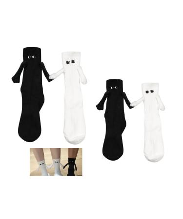 POSLAB 2 Pair Magnetic Suction 3D Doll Couple Socks Unisex Funny Holding Hands Sock for Couple Friends Sisters One Size Black and White a