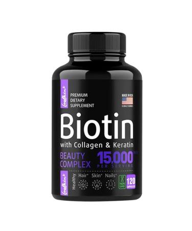 Biotin 15000mcg (120 Capsules) with MSM, Collagen, Keratin - Anti-Aging for Hair, Skin and Nails