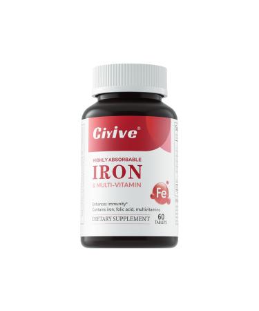 Ciyive Gentle Iron (Ferrous Bisglycinate Chelate) with Vitamin C B12 & Folate 25 mg Iron 60 Tablets 2-Month Supply