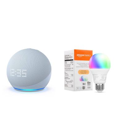 Echo Dot (5th Gen) with Clock| Cloud Blue with Amazon Basics Smart Color Bulb