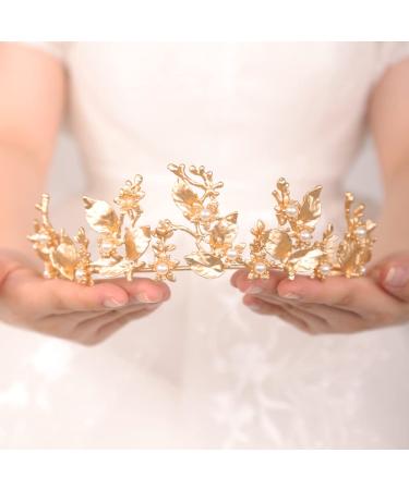 JWICOS Gold Tiara Crown for Women Princess Tiara Crown for Brides Bridal Wedding Tiara Crown for Pageant Prom Elegant Floral Leaves Pearl Crown for Halloween Costume Birthday Party