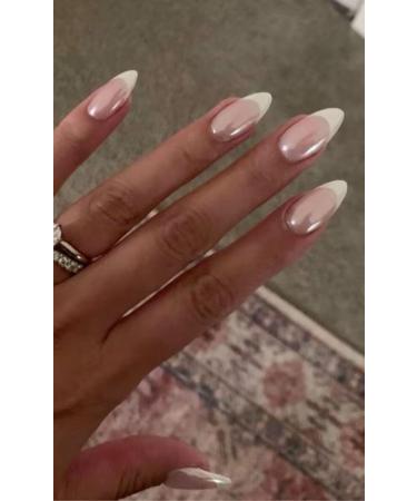 24PCS Aurora White Tip Press On Nails - Mirror Metal Stiletto & Almond Shape Fake Nails for Easy Application - Glue On & Stick On False Nails - Buy Online on GoSupps.com