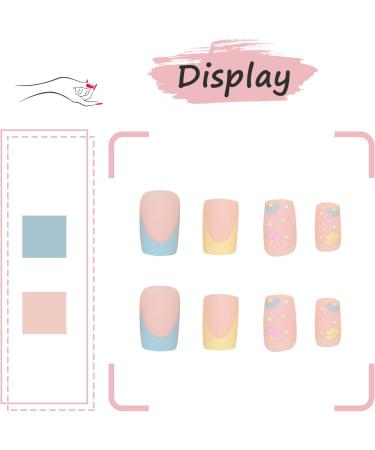 24Pcs Square False Nails Medium Glossy Cute Flower French Press on Nails - Frosted Stick on Nails with Glue Stickers for Women - Colorful DIY Manicure - Buy Online on GoSupps.com