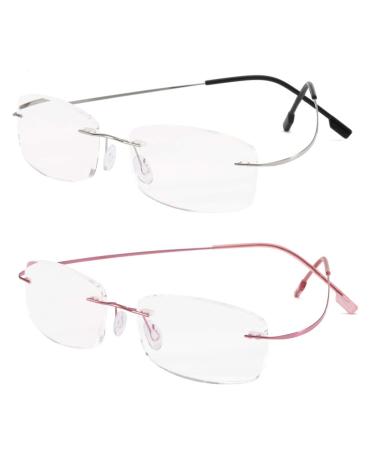 VISENG 2 pairs Rimless reading glasses titanium metal ultra light Readers of Men Women +1.25 A:2 Pack(silver?pink) 1.25 Diopters