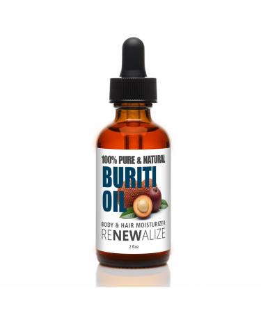 Renewalize Brazilian Buriti Oil 100% Pure Cold Pressed & Unrefined | Natural Moisturizer for Skin Hair & Nails | Rich in Beta-Carotene (2 fl oz)
