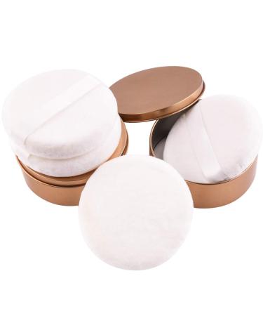 WXJ13 4 Pack 4.12 Inch Large Loose Powder Puff with 2 Pack Gold Metal Powder Box Smooth Soft Puff with Ribbon Band Handle for Body Loose Powder 4+2 PCS
