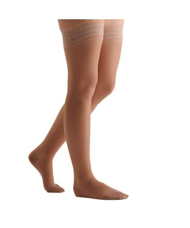 Evonation Women's compression stockings Made in the USA for thighs 8-15 mmHg mild pressure transparent socks lace quality support hose best comfort medium nude