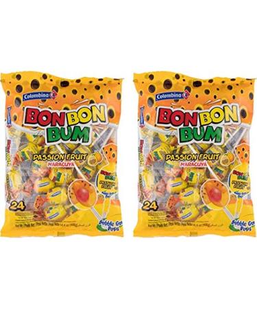Bon Bon Bum - Bubble Gum Filled Lollipops by Colombina Bonbonbum Passion Fruit flavour 2 bags x 24 lollipops 48 units total 24 Count (Pack of 2)