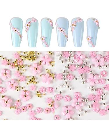 3D Flower Caviar Beads Nail Art Decals - White Pink Acrylic Charms with Pearl Beads for DIY Manicures - Buy Online on GoSupps.com