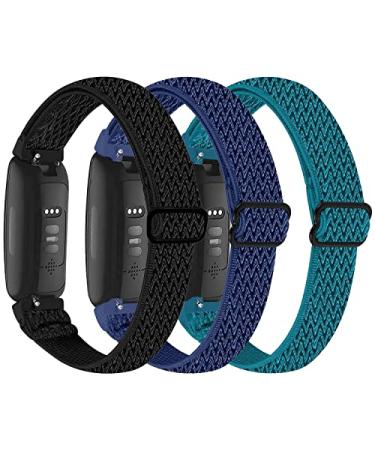 3-Pack Elastic Nylon Bands Compatible with Fitbit Inspire 3/Inspire 2/Inspire HR/Inspire/Ace 3/Ace 2 Breathable Adjustable Replacement Stretchy Nylon Loop Wristband Sport Strap for Woman Man Black/ Midnight Blue/ Azurite