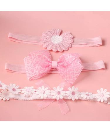3pcs Flower Bow Knot Soft Lace Elastic Hair Accessories Headbands for Baby Girls and Toddlers (Pink B)