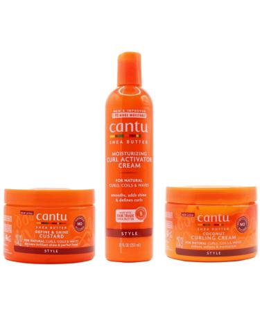 Cantu Shea Butter Moisturizing Curl Activator Cream 12oz met Define & Shine Custard 12oz & Coconut Curling Cream 12oz BUNDEL