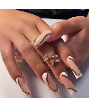 French Tip Press on Nails - Long Press On Nails with Nail Tips Golden wave stripes Design Glossy pink press on nails Acrylic False Nails Cute Artificial Nails - Buy Online on GoSupps.com