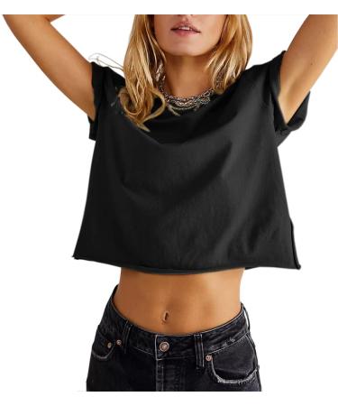 Carpetcom Women's Summer Casual Loose Fit Plain Soild Basic Short Sleeve Crop Tops T-Shirts Black Small