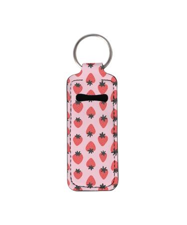 JEOCODY Pink Strawberry Chapstick Holder Keychain with Wristlet for Chapstick Lipstick Lip Balmfor Chapstick Lipstick Lip Balm for Storage Travel Makeup Bag One Pack Pink Strawberry Print