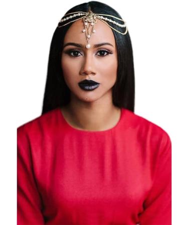 Zoestar Pearl Head Chain Gold Bridal Headpiece Boho Hair Jewelry Wedding Festival Headband for Women and Girls - Buy Online on GoSupps.com