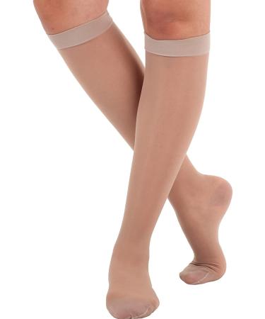 Made in USA - Size Medium - Sheer Compression Socks for Women Circulation 15-20 mmHg - Lightweight Long Compression Knee High Support Stockings for Ladies - Nude Nude Medium