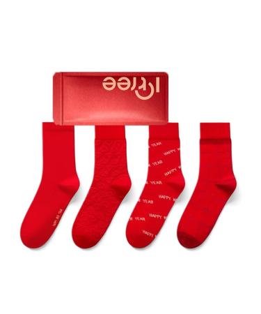 Chinese New Year Red Socks Fashionable Men's Sports Cotton Socks 2022 Spring Festival Chinese Zodiac Socks 4 Pairs (Color : Red Size : 39-44) 39-44 Red
