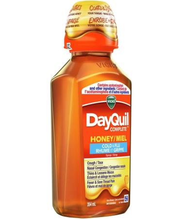 Vicks DayQuil COMPLETE Cold and Flu Medicine Liquid Medicine Honey Flavour Daytime Non-Drowsy relief for Cough Fever Sore Throat Pain Sinus congestion Sinus Pain Chest Congestion 354 ml - Buy Online on GoSupps.com