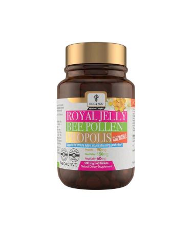 BEE and You Royal Jelly + Propolis + Bee Pollen Chewable Tablets - High Potency - No Artificial Flavor - No Preservatives - No Added Sugar- No Soy/Milk/Gelatin/GMO  Gluten Free, 500 mg x 60 Tablets