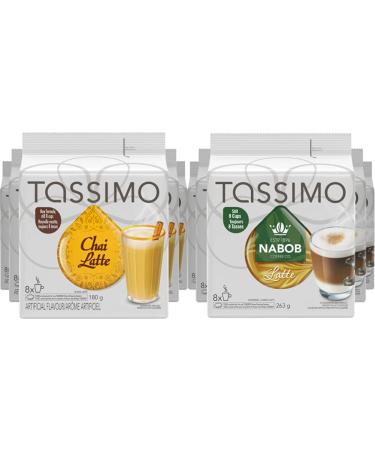 Tassimo Chai Tea Latte Single Serve T-Discs 180g (Pack of 5) & Nabob Latte Coffee Single Serve T-Discs 263g (5 Boxes of 8 T-Discs) Tea + Coffee 8 Count (Pack of 5)