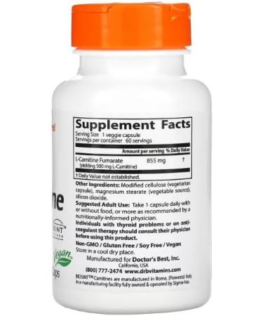 Doctor's Best L-Carnitine Fumarate 855mg - 60 Vegetable Capsules - Support for Energy and Vitality - Buy Online on GoSupps.com