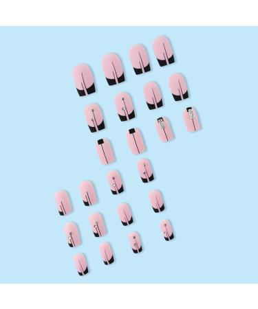 Shop Quadratical Short Nails - Nude Pink & Black French Tip Press-On Nails with Gems - 24 Pieces Full Cover Artificial Nails for Women - Buy Online on GoSupps.com