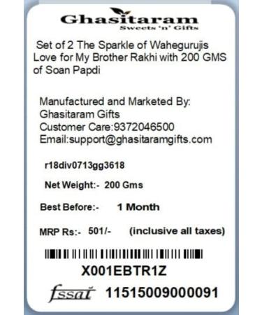 Ghasitaram Gifts Rakhi for Brother Rakhis Online- Set of 2 The Sparkle of Wahegurujis Love for My Brother Rakhi with 200 GMS of Soan Papdi Set of 2 Rakhis with 200 gms of Soan Papdi - Buy Online on GoSupps.com