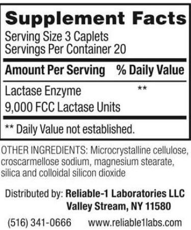 Reliable-1 Laboratories Lactase Enzyme Dietary Supplement - 60 Caplets, Prevent Gas, Bloating & Diarrhea, Milk-Based Product Relief - Buy Online on GoSupps.com