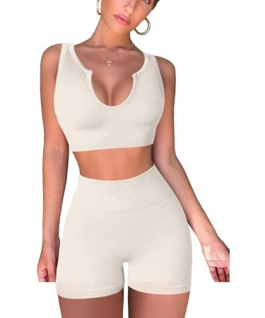 QINSEN Seamless Ribbed Workout Set for Women - Sport Bra & High Waist Shorts - Medium Beige - Buy Online on GoSupps.com