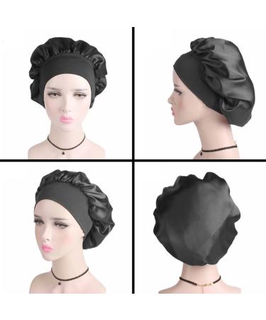 Satin Hair Bonnet for Women - Wide Elastic Band, Silk Shower Cap for Night Sleep and Curly Hair Protection - Black - Buy Online on GoSupps.com