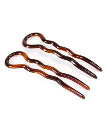 Parcelona French Sleek Tortoise Shell Large 3 1/2 Celluloid Made in France Wavy Crink U Shaped Set of 2 Chignon Hair Pin Sticks for Women and Girls  Made in France