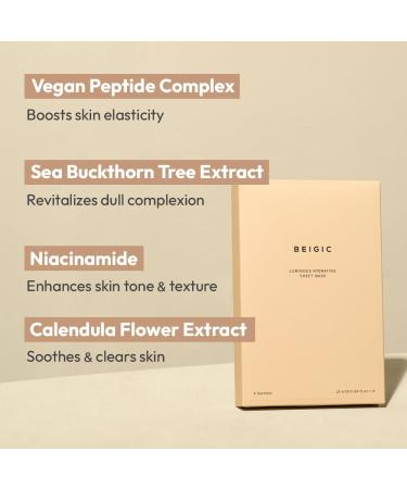 BEIGIC Luminous Hydrating Sheet Mask - Korean Vegan Skincare with Peptides Vitamin C & Niacinamide for Glass Skin - Moisturizing & Firming Face Mask (0.84 fl oz - Buy Online on GoSupps.com
