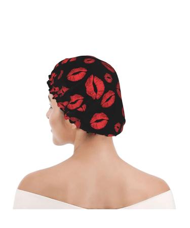 Red Lip Kiss Luxury Shower Cap - Waterproof & Reusable with Adjustable Elasticized Hem for Long Hair - Color 4 - Buy Online on GoSupps.com
