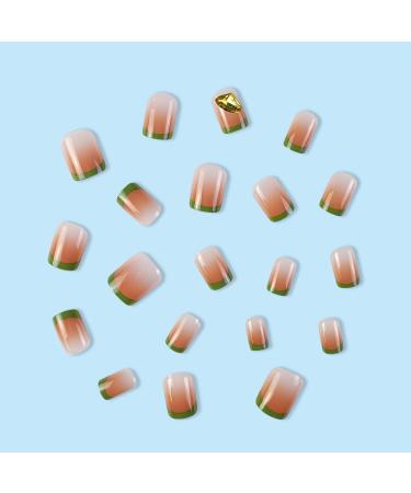 French Tip Press on Nails - Short Round Press On Nails with Nail Tips Green French Freshing Sparkling Diamond Design Glossy Gradient color press on nails Acrylic False Nails Cute Artificial Nails - Buy Online on GoSupps.com