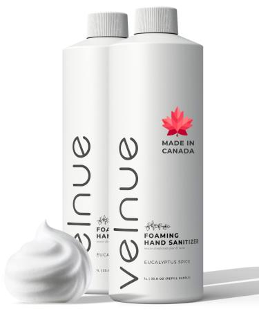 VELNUE Foaming Hand Sanitizer Refill Supply | Made in Canada with Moisturizing Aloe 70% Ethyl Alcohol Vitamin E and Essential Oils | 1L Eucalyptus Spice - 2 Bottles Eucalyptus Spice 2-Pack