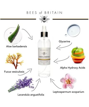 BEES of BRITAIN - 99% Natural Hydrate & Renew Floral Mist - Aloe Vera Manuka Lavender & AHA. Hydrating Aromatic Cleanser Toner Primer. We Donate 5% of our Profit to Save Bees + Pollinators. 250ml - Buy Online on GoSupps.com