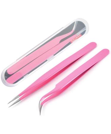 Duendhd eyelash pliers set with 2 stainless steel tweezers for eyelash extensions with a straight lace and curve false eyelash tools