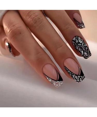 24pcs Short Square False French Tip False Nails Stick on Nails Glitter Press on Nails Removable Glue - on Fake Nails Acrylic Full Cover Nails Women Girls Nail Art Accessories (French Flash Black)