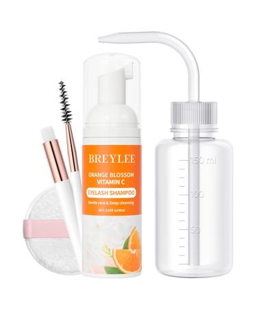 Eyelash Extension Cleanser BREYLEE Lash Shampoo for Extensions Lash Cleanser Lash Bath Lash Cleaner Lash Cleaning Kit with Rinse Bottle+Brush+Pad for Professional & Self