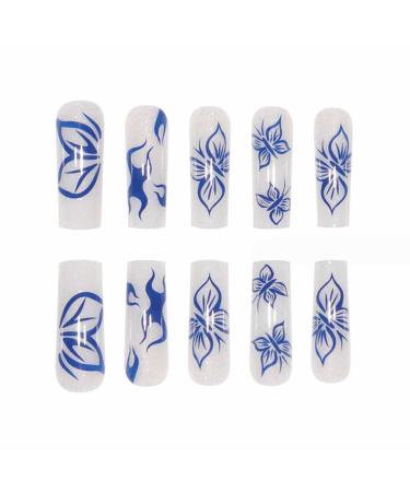 Foccna Long Blue Press-On Nails - Square Full Cover Butterfly Acrylic Nails for Women & Girls - Glossy Finish 24PCS - Buy Online on GoSupps.com