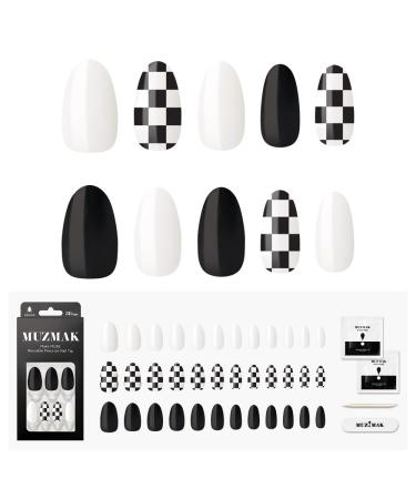 Reusable NJeans Press on Nails | 36 Fake Nails Kit with Checkered Nails Almond Designs | Black and White Glue On Nails for Women Gift with K-POP Style Chess Black 1 Count (Pack of 1)